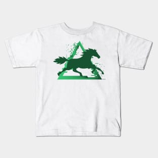 Horse Trotting with a Pixelated Triangular Explosion: Modern Design (green) Kids T-Shirt